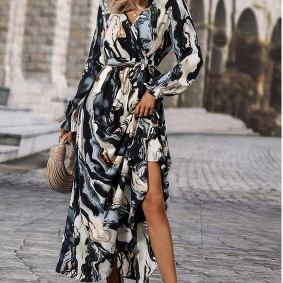 Belted Flounce Sleeve A-Line Marble Print maxi Dress - Picture 5 of 7